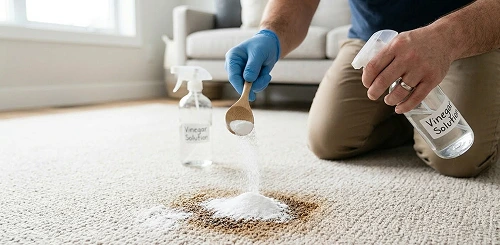 vinegar cleaning solution on a carpet stain and sprinkling baking soda